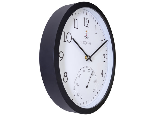 Buitenklok Nextime dia 30,5cm Goudsbloem met temperatuurcijfers, zwarte rand witte wijzerplaat kunststof
