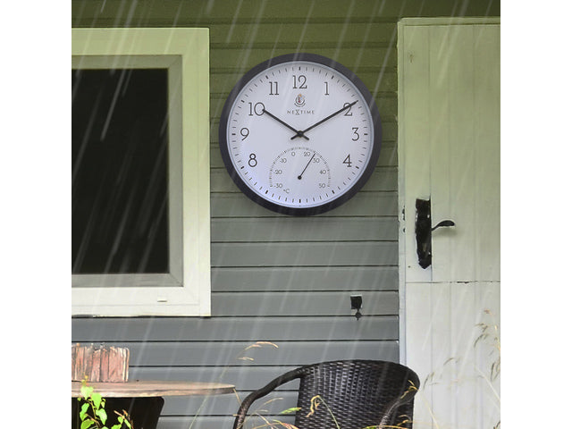 Buitenklok Nextime dia 30.5cm Marigold met temperatuur cijfers, zwarte rand witte wijzerplaat plastic