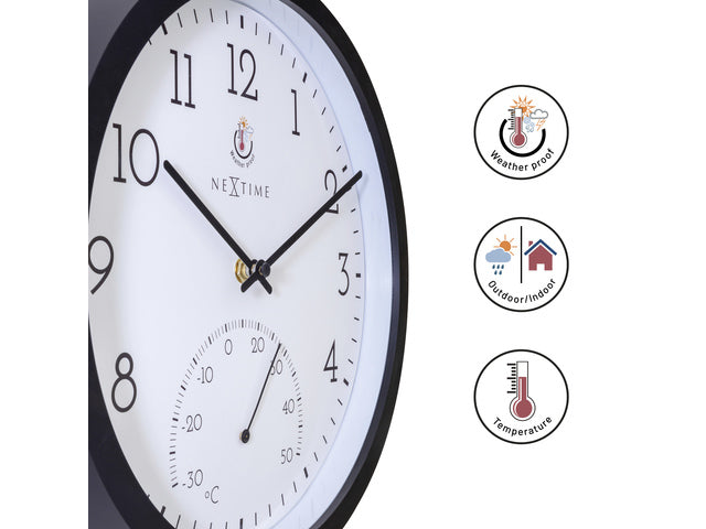 Buitenklok Nextime dia 30.5cm Marigold met temperatuur cijfers, zwarte rand witte wijzerplaat plastic