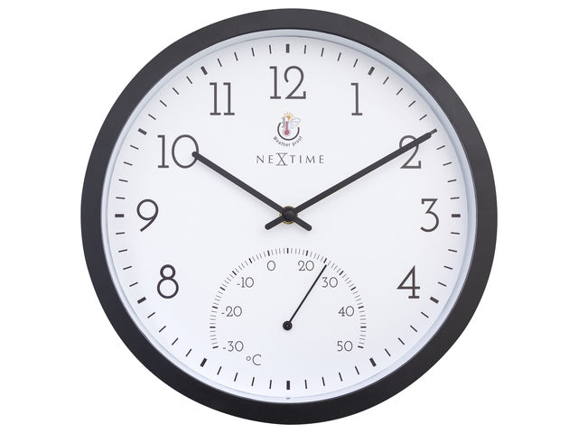 Buitenklok Nextime dia 30,5cm Goudsbloem met temperatuurcijfers, zwarte rand witte wijzerplaat kunststof