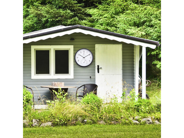 Buitenklok Nextime dia 30.5cm Marigold met temperatuur cijfers, zwarte rand witte wijzerplaat plastic