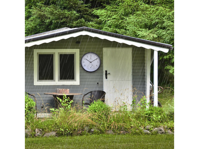 Buitenklok Nextime dia 30.5cm Marigold met temperatuur cijfers, zwarte rand witte wijzerplaat plastic