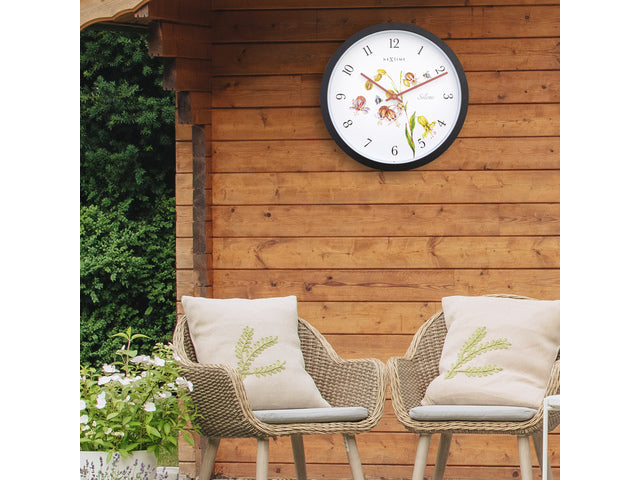 Buitenklok Nextime dia 30,5cm Silene cijfers, zwarte rand witte wijzerplaat kunststof