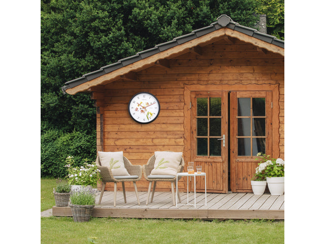 Buitenklok Nextime dia 30,5cm Silene cijfers, zwarte rand witte wijzerplaat kunststof