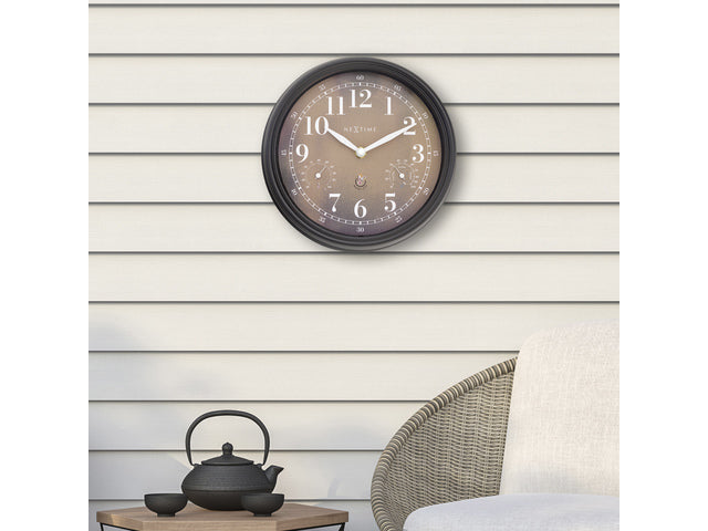 Buitenklok Nextime dia 23,5 cm Jasmine met thermo- en hydrometer cijfers, zwarte rand kopere wijzerplaat plastic