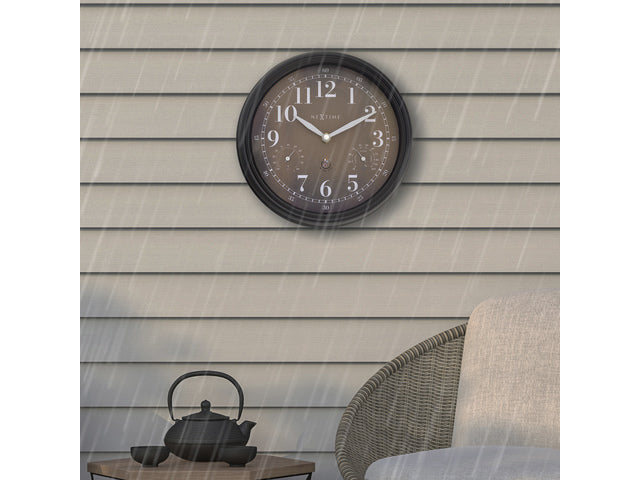 Buitenklok Nextime dia 23,5 cm Jasmine met thermo- en hydrometer cijfers, zwarte rand kopere wijzerplaat plastic