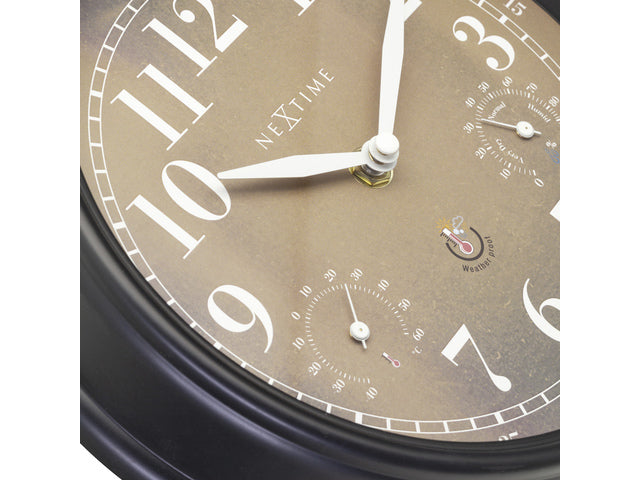 Buitenklok Nextime dia 23,5 cm Jasmine met thermo- en hydrometer cijfers, zwarte rand kopere wijzerplaat plastic