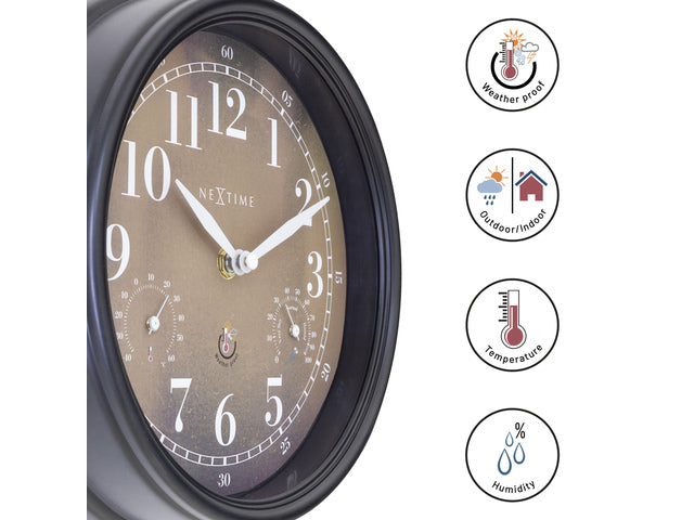 Buitenklok Nextime dia 23,5 cm Jasmine met thermo- en hydrometer cijfers, zwarte rand kopere wijzerplaat plastic