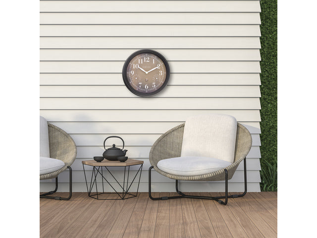 Buitenklok Nextime dia 23,5 cm Jasmine met thermo- en hydrometer cijfers, zwarte rand kopere wijzerplaat plastic