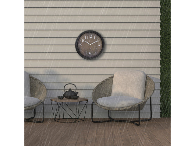 Buitenklok Nextime dia 23,5 cm Jasmine met thermo- en hydrometer cijfers, zwarte rand kopere wijzerplaat plastic