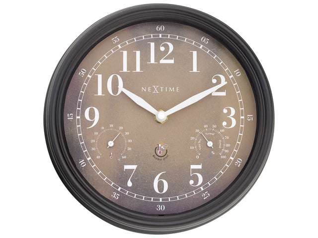 Buitenklok Nextime dia 23,5 cm Jasmine met thermo- en hydrometer cijfers, zwarte rand kopere wijzerplaat kunststof