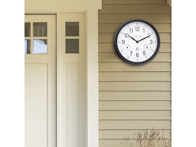 Buitenklok Nextime dia 23,5cm Jasmine met thermo- en hydrometer cijfers, zwarte rand witte wijzerplaat plastic