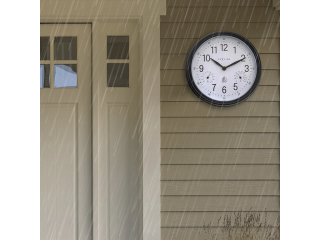 Buitenklok Nextime dia 23,5cm Jasmine met thermo- en hydrometer cijfers, zwarte rand witte wijzerplaat plastic