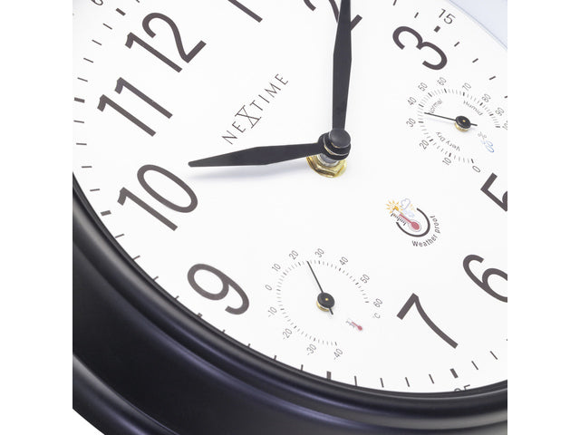 Buitenklok Nextime dia 23,5cm Jasmine met thermo- en hydrometer cijfers, zwarte rand witte wijzerplaat plastic
