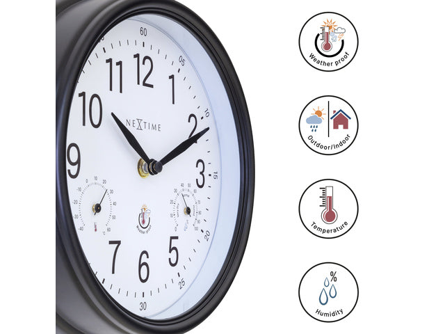 Buitenklok Nextime dia 23,5cm Jasmine met thermo- en hydrometer cijfers, zwarte rand witte wijzerplaat plastic
