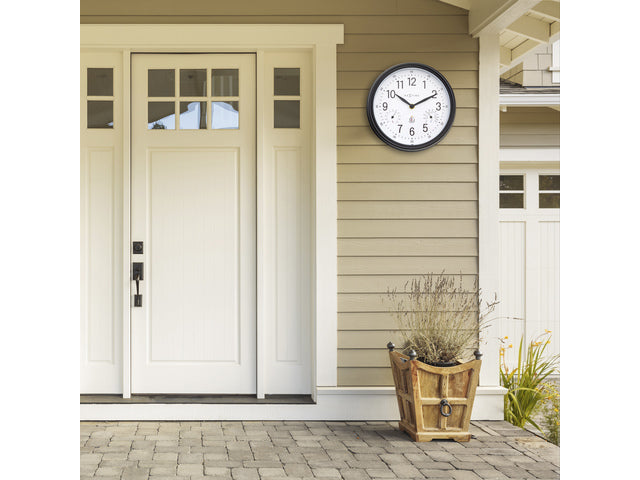 Buitenklok Nextime dia 23,5cm Jasmine met thermo- en hydrometer cijfers, zwarte rand witte wijzerplaat plastic