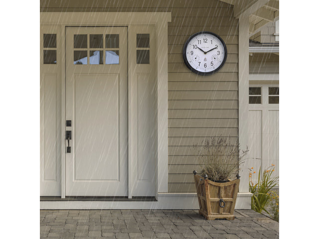 Buitenklok Nextime dia 23,5cm Jasmine met thermo- en hydrometer cijfers, zwarte rand witte wijzerplaat plastic