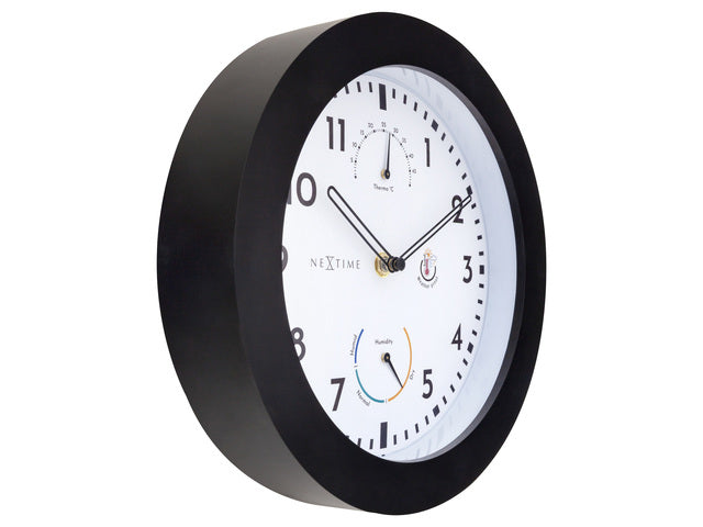Buitenklok Nextime dia 25,5cm Daisy met thermo- en hydrometer cijfers, zwarte rand witte wijzerplaat kunststof
