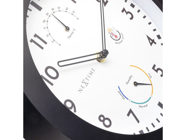 Buitenklok Nextime dia 25,5cm Daisy met thermo- en hydrometer cijfers, zwarte rand witte wijzerplaat kunststof