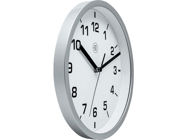 wandklok NXT diameter 20cm kunststof zilver, witte wijzerplaat