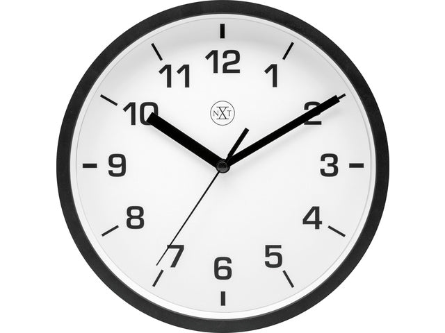 wandklok NXT diameter 20cm kunststof zwart, witte wijzerplaat