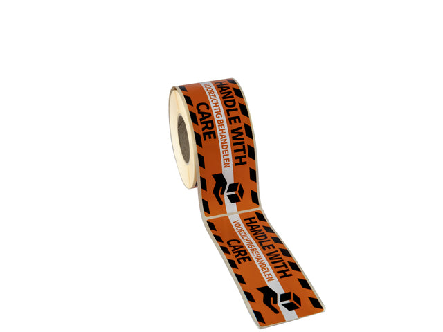 Gevaaretiket Raadhuis 46x125mm rol 250 stuks Voorzichtig behandelen EN/NL oranje