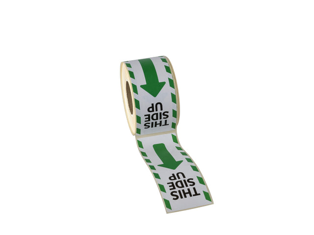 Gevaaretiket Raadhuis 46x125mm rol 250 stuks This side up groen/wit