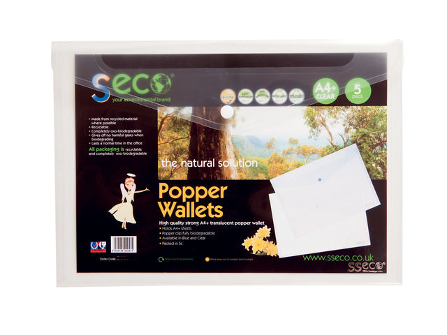 Envelopkaart Seco A4+ 5stuks transparant met drukknop 180 micron biologisch afbreekbaar