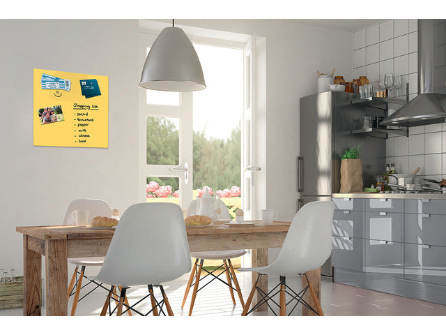 Glasmagneetbord Be!Board zonnegeel 450x450x9mm 2 magneten + bevestigingsmateriaal