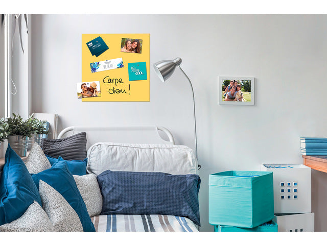 Glasmagneetbord Be!Board zonnegeel 450x450x9mm 2 magneten + bevestigingsmateriaal