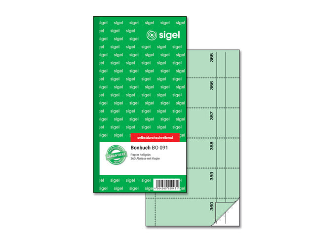 Bonboekje Sigel zelfdoorschrijvend 10,5x20cm 360 nrs groen