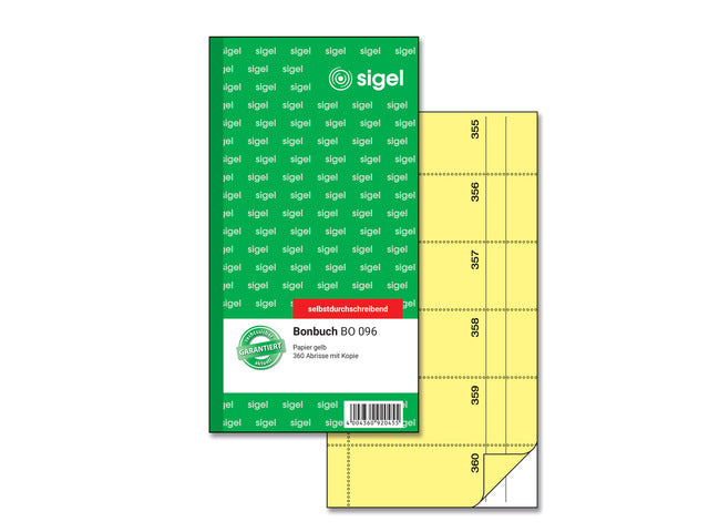 Bonboekje Sigel zelfdoorschrijvend 10,5x20cm 360 nrs geel