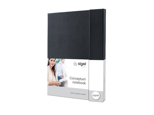 Notitieboek Conceptum Pure A4 zwart 5mm ruit hardcover met magneetsluiting. Nummerde pagina's, inhoudsopgave, sluiting dmv elastiek, lus voor pen, 2 leeslintjes. 194 pagina's 80 grams chamoiskleurig papier. PEFC-gecertificeerd.