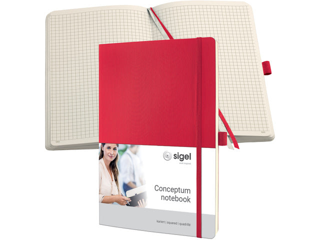 Notitieboek Conceptum Pure A4 rood 5mm ruit softcover. Nummerde pagina's, inhoudsopgave, sluiting dmv elastiek, lus voor pen, 2 leeslintjes. 194 pagina's 80 grams chamoiskleurig papier. PEFC-gecertificeerd.