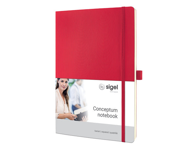Notitieboek Conceptum Pure A4 rood 5mm ruit softcover. Nummerde pagina's, inhoudsopgave, sluiting dmv elastiek, lus voor pen, 2 leeslintjes. 194 pagina's 80 grams chamoiskleurig papier. PEFC-gecertificeerd.
