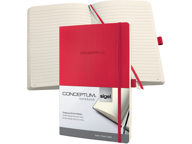 Notitieboek Conceptum Pure A4 rood gelinieerd softcover. Nummerde pagina's, inhoudsopgave, sluiting dmv elastiek, lus voor pen, 2 leeslintjes. 194 pagina's 80 grams chamoiskleurig papier. PEFC-gecertificeerd.