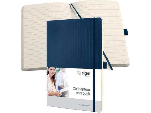 Notitieboek Conceptum Pure A4 blauw gelinieerd softcover. Nummerde pagina's, inhoudsopgave, sluiting dmv elastiek, lus voor pen, 2 leeslintjes. 194 pagina's 80 grams chamoiskleurig papier. PEFC-gecertificeerd.