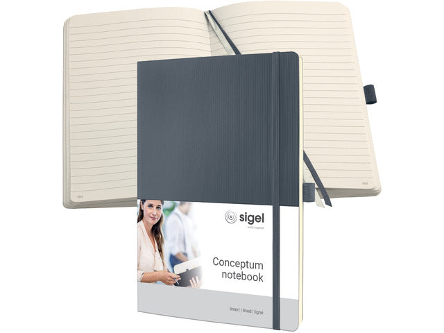 Notitieboek Conceptum Pure A4 donkergrijs gelinieerd softcover. Nummerde pagina's, inhoudsopgave, sluiting dmv elastiek, lus voor pen, 2 leeslintjes. 194 pagina's 80 grams chamoiskleurig papier. PEFC-gecertificeerd.