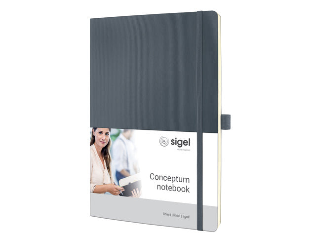 Notitieboek Conceptum Pure A4 donkergrijs gelinieerd softcover. Nummerde pagina's, inhoudsopgave, sluiting dmv elastiek, lus voor pen, 2 leeslintjes. 194 pagina's 80 grams chamoiskleurig papier. PEFC-gecertificeerd.