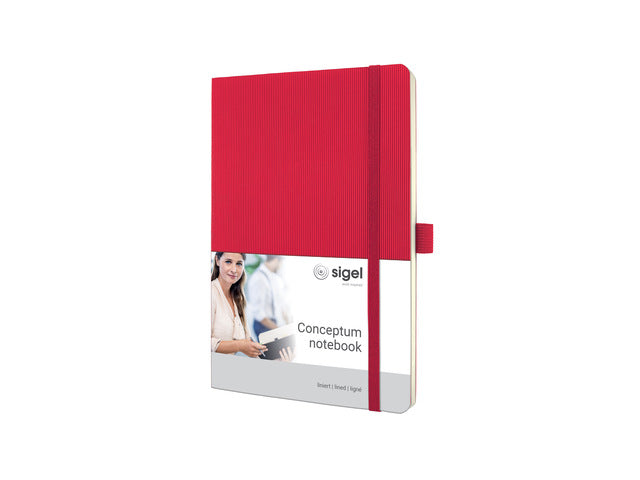 Notitieboek Conceptum Pure A5 rood gelinieerd softcover. Genummerde pagina's, inhoudsopgave, sluiting d.m.v. elastiek, lus voor pen, 2 leeslintjes. 194 pagina's 80 grams chamoiskleurig papier. PEFC-gecertificeerd.
