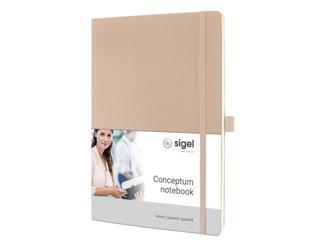 Notitieboek Conceptum A4 Beige 5mm ruit softcover. Nummerde pagina's, inhoudsopgave, sluiting dmv elastiek, lus voor pen, 2 leeslintjes. 194 pagina's 80 grams chamoiskleurig papier. PEFC-gecertificeerd. 187x270x14mm