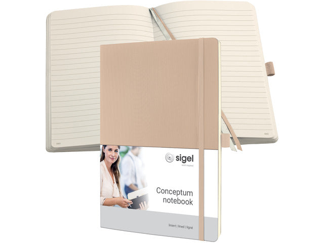 Notitieboek Conceptum A4 Beige gelinieerd softcover. Nummerde pagina's, inhoudsopgave, sluiting dmv elastiek, lus voor pen, 2 leeslintjes. 194 pagina's 80 grams chamoiskleurig papier. PEFC-gecertificeerd. 187x270x14mm.