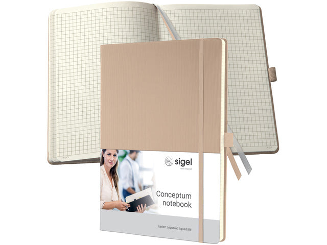 Notitieboek Conceptum A4 Beige 5mm ruit hardcover. Nummerde pagina's, inhoudsopgave, sluiting dmv elastiek, lus voor pen, 2 leeslintjes. 194 pagina's 80 grams chamoiskleurig papier. PEFC-gecertificeerd
