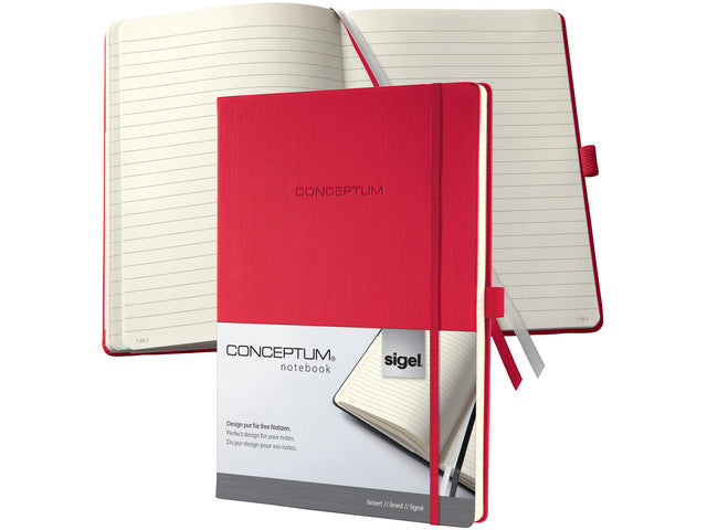 Notitieboek Conceptum Pure A4 Rood gelinieerd hardcover, genummerde pagina's, inhoudsopgave, sluiting dmv elastiek, lus voor pen, 194 pagina's 80 grams chamoiskleurig papier. PEFC-gecertificeerd 213x295x20mm
