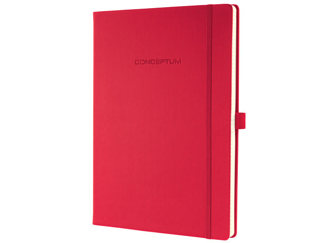 Notitieboek Conceptum Pure A4 Rood gelinieerd hardcover, genummerde pagina's, inhoudsopgave, sluiting dmv elastiek, lus voor pen, 194 pagina's 80 grams chamoiskleurig papier. PEFC-gecertificeerd 213x295x20mm