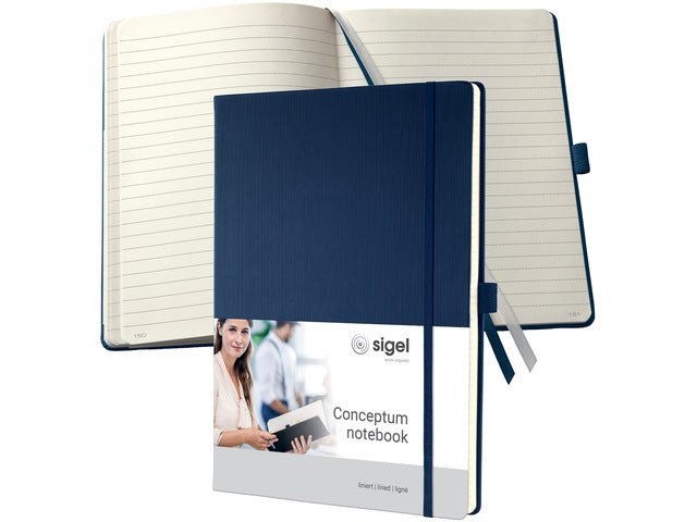 Notitieboek Conceptum Pure A4 nachtblauw gelinieerd hardcover, genummerde pagina's, inhoudsopgave, sluiting dmv elastiek, lus voor pen, 194 pagina's 80 grams chamoiskleurig papier. PEFC-gecertificeerd 213x295x20 mm