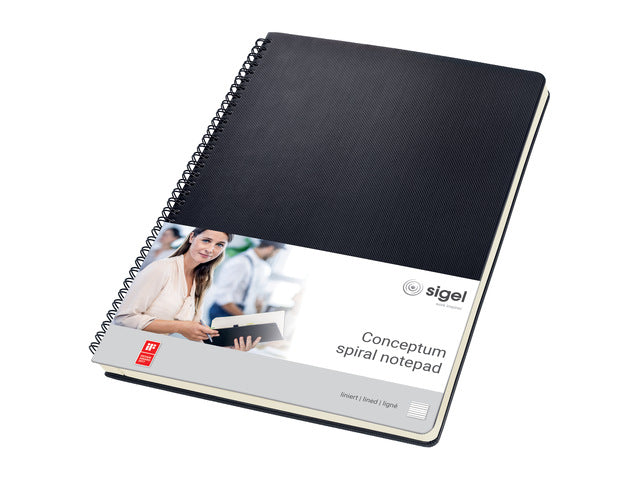 Notitieblok Conceptum A4 zwart gelinieerd hardcover. 160 pagina's 80 grams chamoiskleurig papier. Met quickpocket. 4-voudige perforatie, kopregel voor datum. PEFC-gecertificeerd
