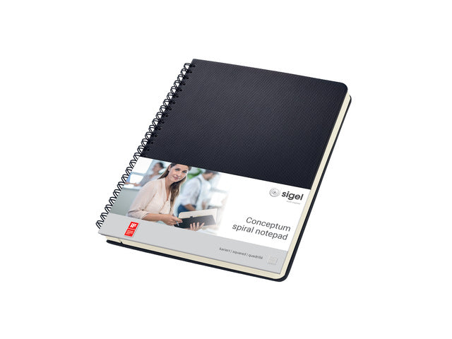 Notitieblok Conceptum A5 zwart 5mm ruit hardcover. 160 pagina's 80 grams chamoiskleurig papier. Met quickpocket. 4-voudige perforatie, kopregel voor datum. PEFC-gecertificeerd