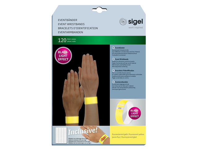 Evenementenbandjes Sigel super soft, 255x25mm 120 stuks fluorescerend geel