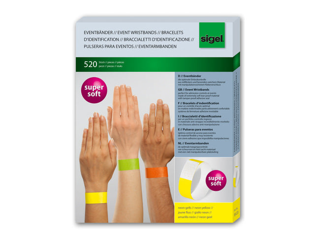 Evenementenbandjes Sigel super soft, 255x25mm 520 stuks neon geel